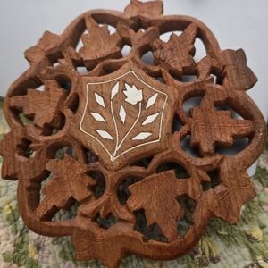 Carved Wooden Trivet with Leaf Design